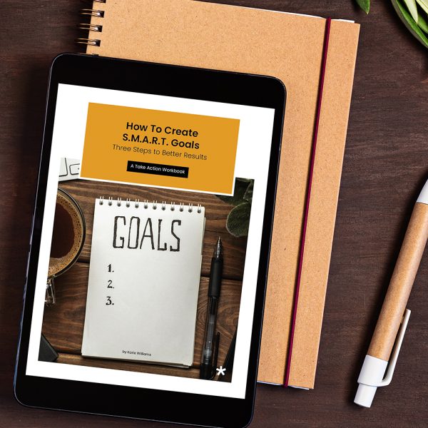 S.M.A.R.T. Goals Download Cover Styled minimal desktop mockup with organic color stationary, coffee cup, notepad. Flat lay, top view, copy space