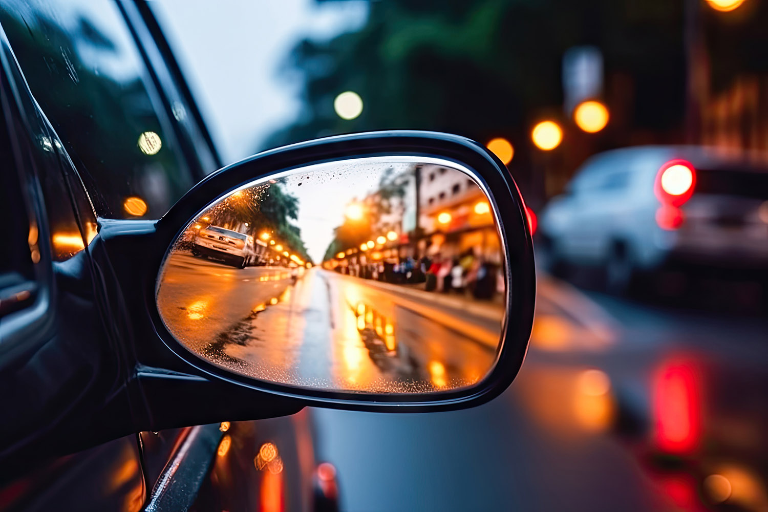 Rear view mirror in a car, reflecting the evening bustle of the busy street behind. The mirror provides a unique perspective on the dynamic urban environment. illustration created by Generative AI