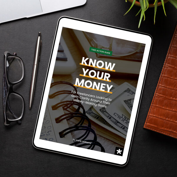 A mockup of the Know Your Money Mini Course mockup shown with Tablet on table with dark background